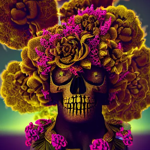 Prompt: a golden skull face african marijuanna shaman with an afro made of flowers, third eye art art by machina infinitum, complexity from simplicity, rendered in octane, mandelbulb 3 d, ambient occlusion, macro photography, felt!!! texture, tribal, retrowave