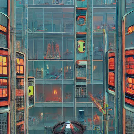 Image similar to a man standing in a futuristic penthouse apartment looking out onto an endless horror amusement park, artwork by simon stalenhag