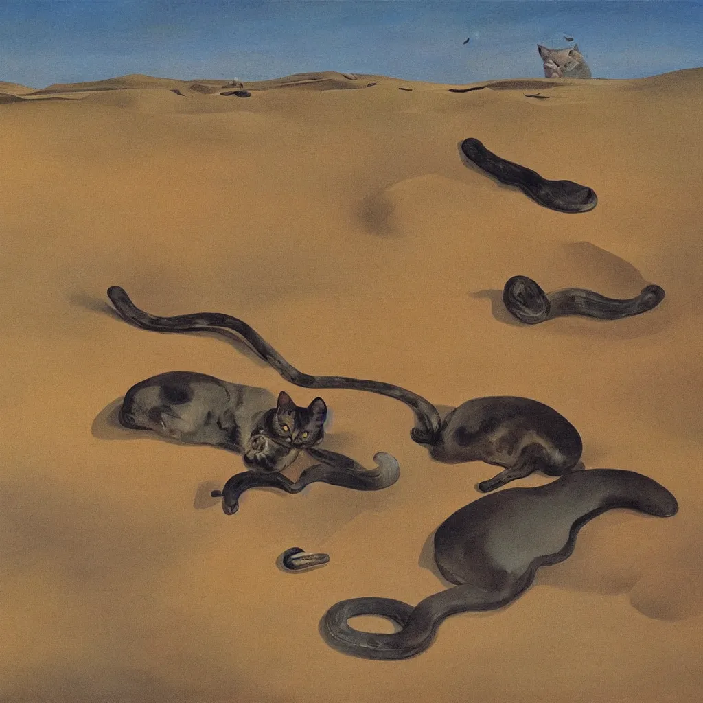 Image similar to an untradetailed oil painting of a melting cat lying on flowing desert, landscape with dunes and oasis far away, by salvador dali