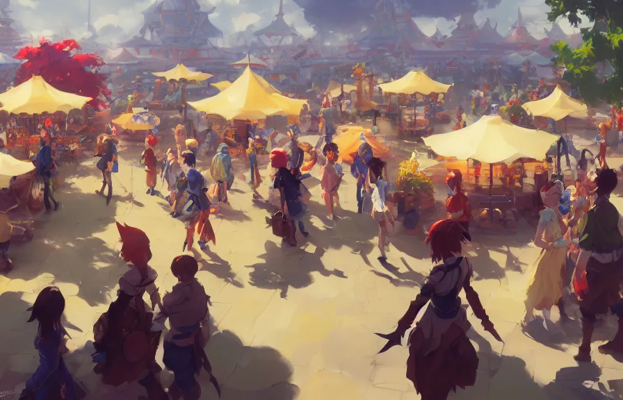 Prompt: greg manchess concept art of the millennial fair from chrono trigger, outdoor fairgrounds, colorful pavillions, key visual, ambient lighting, highly detailed, digital painting, artstation, concept art, sharp focus, by makoto shinkai and akihiko yoshida and hidari and wlop and greg rutkowski