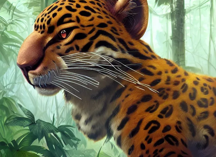 Image similar to character portrait feature of the anthro male anthropomorphic jungle cat jaguar fursona wearing shaman outfit in the amazon rainforest, character design stylized by charlie bowater, ross tran, artgerm, makoto shinkai, detailed, soft lighting, rendered in octane