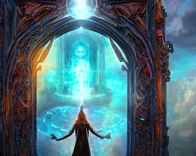 Image similar to magic portal gate, transparent background with a picture of the afterlife, ultra wide shot, lush colors, in the style of greg rutkowski and hans zatzka, digital art, sharp focus, highly realistic, exquisite ornate metal gothic icon heavy patina, delicate, enchanting, otherworldly, ethereal, mythology, mystical