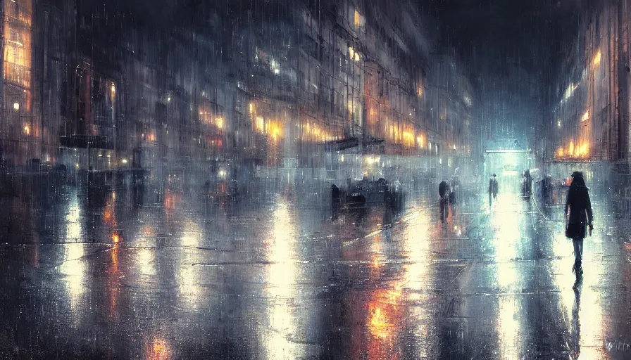 Prompt: empty street, at night, rain, by wlop