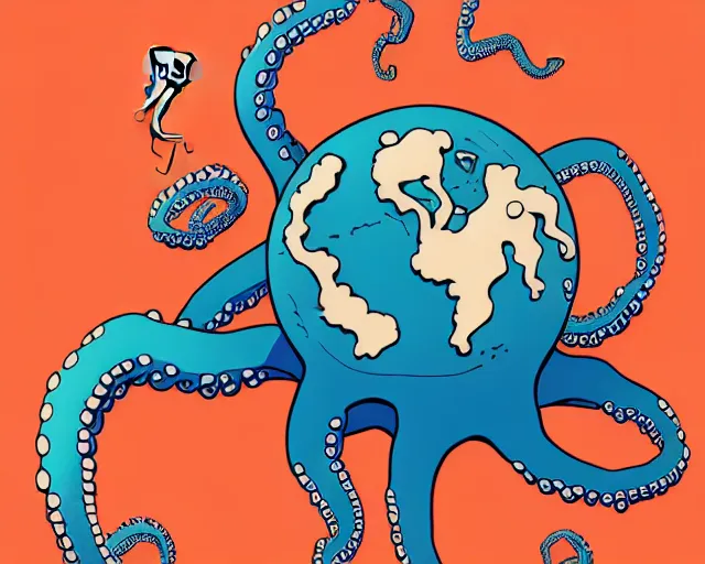 Image similar to a political cartoon showing a cell shaded an octopus surrounding the globe, illustration, full body wide shot, subtle colors, post grunge, concept art by josan gonzales and wlop, by james jean, Victo ngai, David Rubín, Mike Mignola, Laurie Greasley, highly detailed, sharp focus, alien, Trending on Artstation, HQ, deviantart, art by artgem