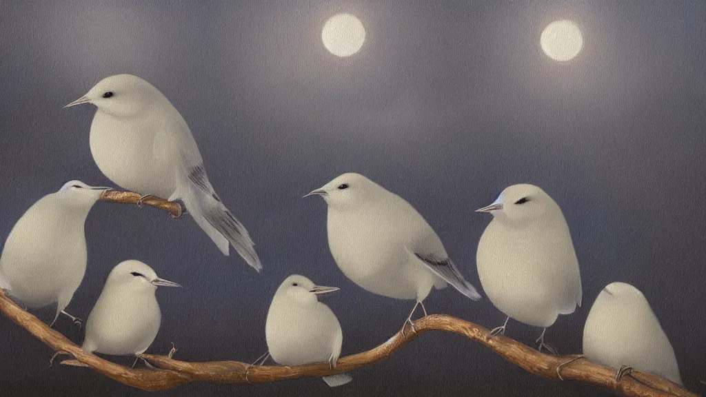 Prompt: a row of obese bearded reedlings, oil painting, midnight, moonlight, full moon, highly detailed, hyper realistic