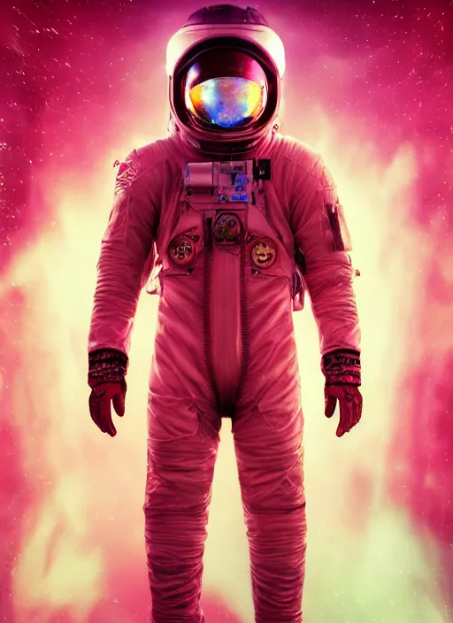 Image similar to complex poster art by craig mullins astronaut in futuristic pink and empty spaceship underwater. infrared glowing lights. complex and hyperdetailed technical suit. reflection and dispersion materials. rays and dispersion of light. volumetric light. 5 0 mm, f / 3 2. noise film photo. flash photography. unreal engine 4, octane render. interstellar movie poster