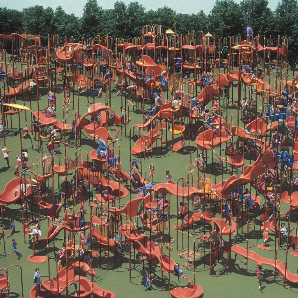 Image similar to full - color closeup 1 9 7 0 s photo of a large complex very - dense very - tall many - level playground in a crowded schoolyard. the playground is made of dark - brown wooden planks, and black rubber tires. it has many spiral staircases, high bridges, ramps, and tall towers.