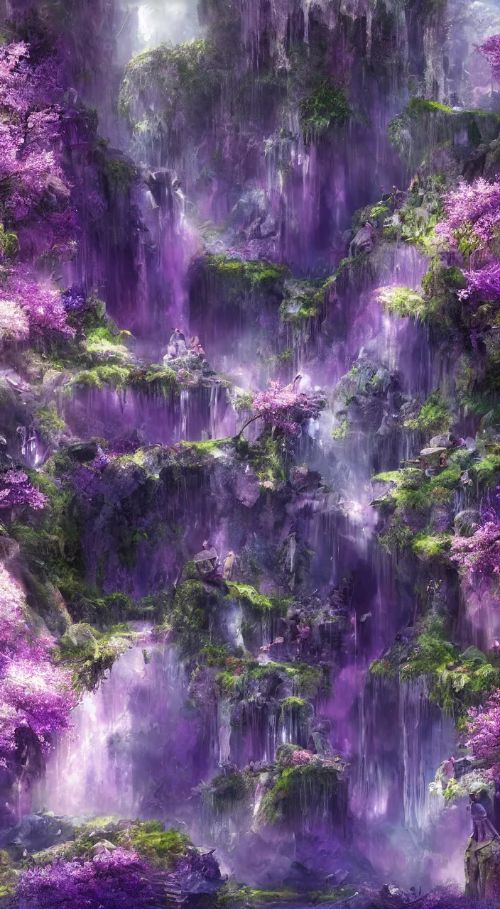 Prompt: a mystical fairy city in the amethysts wall of a dreamy waterfall cave with and lilac sunrays, trending on artstation, concept art, matte painting, 8 k