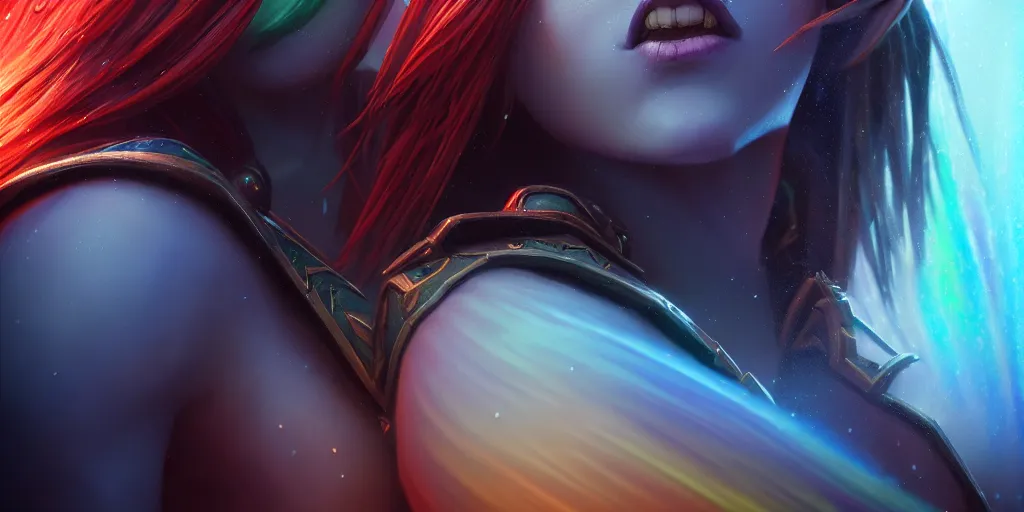 Image similar to hyperrealist distant portrait of sylvanas windrunner on a blue planet spectrum rainbow rain. by bayard wu, fantasy, photorealistic, octane render, unreal engine, dynamic lighting, trending on artstation, poster, volumetric lighting, very detailed faces, 4 k, award winning