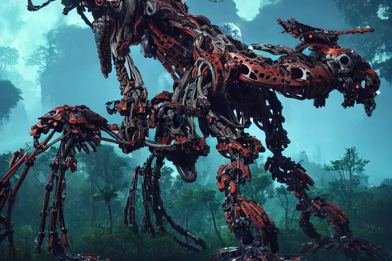 Image similar to a hyper detailed fanghorn evangelion realistic mechanical and organic creature similar look as horizon forbidden west horizon zero dawn, bioluminiscence in a dark deep forest at dawn in spring, with reflection and textures, by kilian eng, substance painter reaslitic mech surface metal painted scratches,