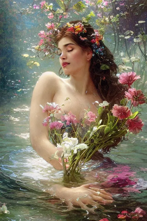 Image similar to portrait of a beautiful mysterious woman holding a bouquet of flowing flowers, hands hidden under the bouquet, lying half submerged in a pool of water, fantasy, regal, intricate, by stanley artgerm lau, greg rutkowski, thomas kindkade, alphonse mucha, loish, norman rockwell