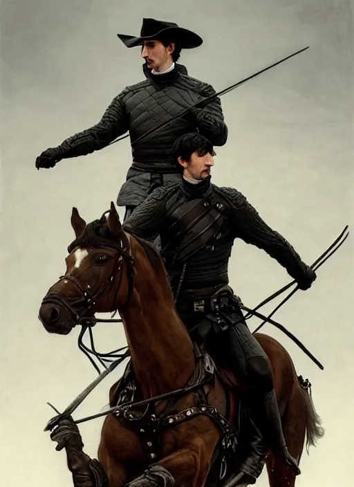 Prompt: painting of adam driver and john oliver, riding horse, stoic, full body, military uniform, fantasy, intricate, elegant, beautiful, highly detailed, charcoal, centered, dark, smokey, digital painting, artstation, concept art, smooth, sharp focus, illustration, art by artgerm and greg rutkowski and alphonse mucha