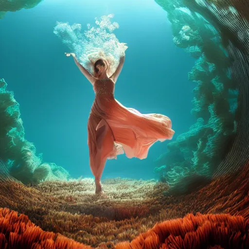 Prompt: woman dancing underwater wearing a long flowing dress made of many layers of gold and silver fire, coral sea bottom, swirling schools of silver fish, swirling smoke shapes, octane render, caustics lighting from above, cinematic, hyperdetailed