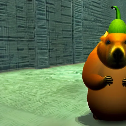 Image similar to capybara with a banana on top of its head. doom2 screenshot