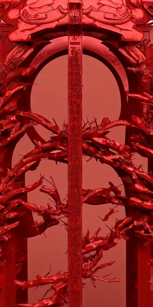 Image similar to 3 d render of a carved red torii gate sculpture, chrometype, made of liquid metal, neotribal with thorns and thunders, japanese temple, raytraced, volumetric lightning, 8 k, by zhelong xu, ouchh and and innate studio