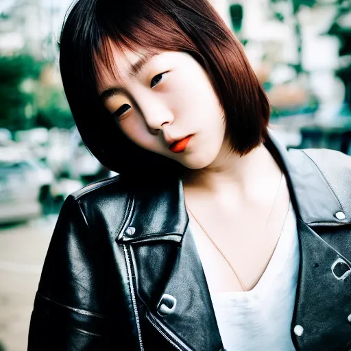 Prompt: a perfect HD photo of close-up japanese young woman wearing leather jacket, instagram, behance, kodak portra