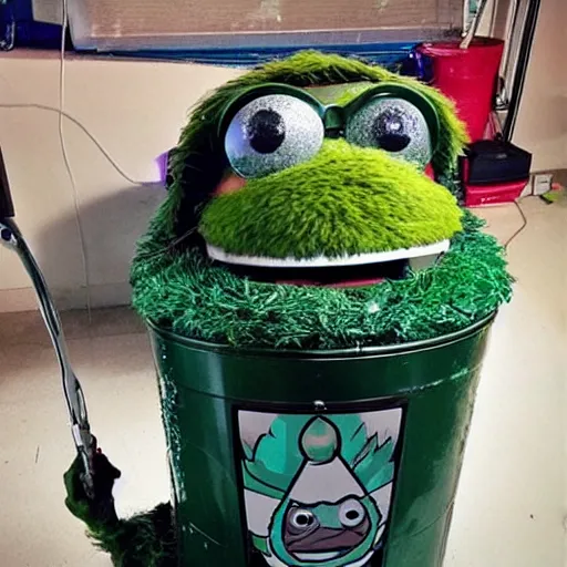 Prompt: oscar the grouch in a submarine made out of an old metal trash can