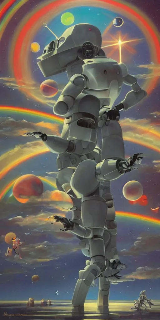 Image similar to a painting by ralph mcquarrie of floating molecules and a robot artist holding an icosahedron with stars, clouds, and rainbows in the background, trending on artstation, masterpiece, incredible details