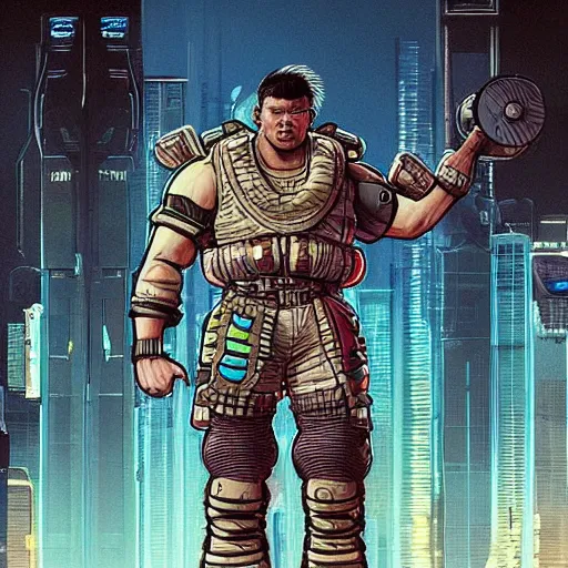 Image similar to Apex legends cyberpunk weight lifter. Concept art by James Gurney and Mœbius.