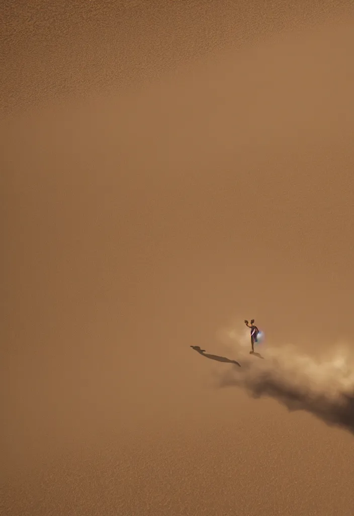 Image similar to realistic photo of a person burning on the balcony, desert dunes in the background, big sun in the sky, realistic, soft natural volumetric lighting, beautifully detailed 4 k octane render, 4 k post processing 8 k