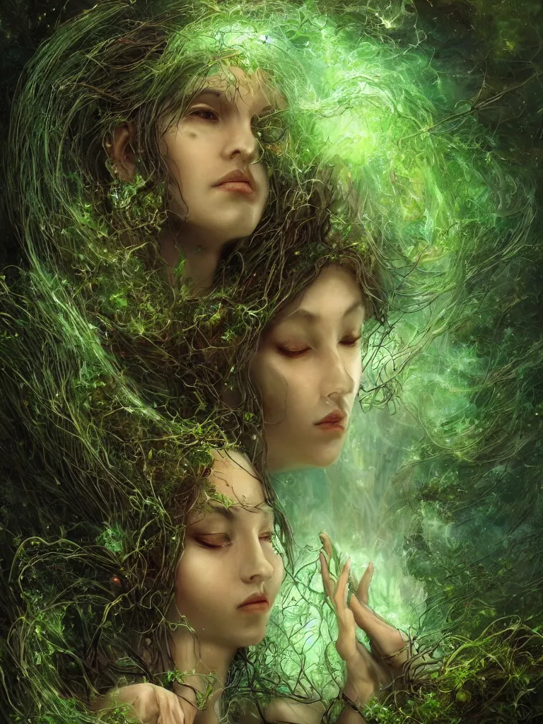 Image similar to an ancient mystical alluring beautiful female witch generating flowing energy and surrounded by wisps of green magic sits meditating in an overgrown garde, by karol bak, 3 d, cinema 4 d render, trending on artstation