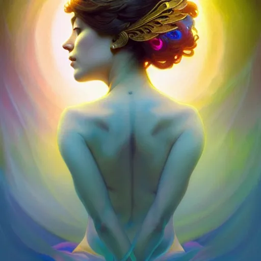 Image similar to a woman in deep meditation, chakras emiting mystical colored light, intricate, elegant, highly detailed, my rendition, digital painting, artstation, concept art, smooth, sharp focus, radiant light, illustration, art by artgerm and greg rutkowski and alphonse mucha