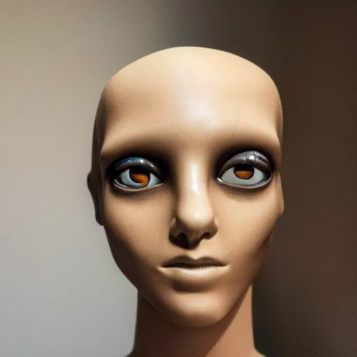 Image similar to A lightly-tanned!!!!! mannequin-esque figure with white-glowing!!!!! eyes, in a pitch black room, staring!!!!! into the camera, black!!!!! background, creepy atmosphere, eerie art style, photorealistic facial features, close-up!!!!!, macro image!!!!!, trending on artstation, 4k, 8k