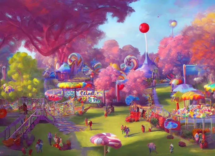 Prompt: candy zoo park for a game candy themed, top angle, oil painting by jama jurabaev, extremely detailed, brush hard, artstation, for aaa game, high quality, brush stroke