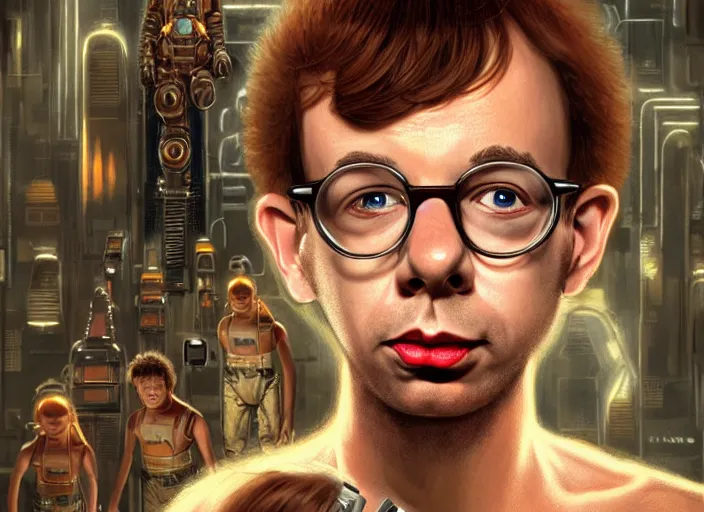 Image similar to young rick moranis with brown hair and a brown goatee beard in the fifth element, far future, highly detailed, trending on artstation, intricate, cinematic composition, by rutkowski