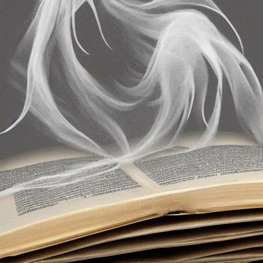 Image similar to whispy ghost floating out of an opened book at a lirbary, creepy, realistic, detailed,