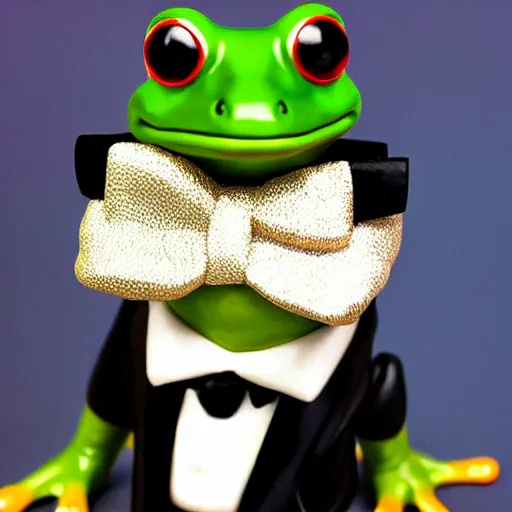 Prompt: funko pop of a frog wearing a tuxedo