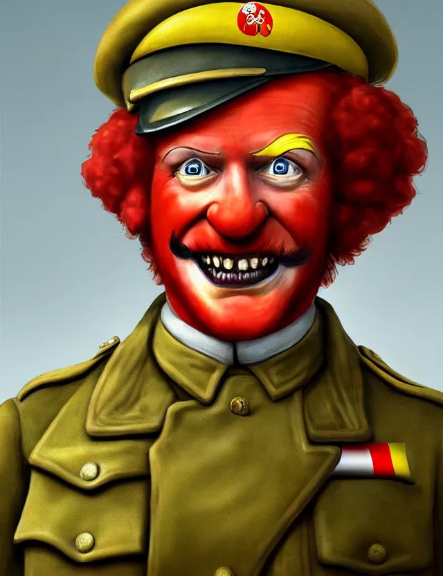 Image similar to a portrait of ronald mcdonald wearing a ww 2 german uniform, by moebius and tyler edlin and hr giger, trending on artstation, digital art, 4 k resolution, detailed, high quality, sharp focus, hq artwork, coherent, insane detail, concept art