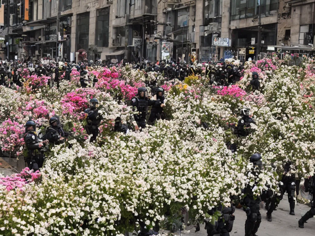 Prompt: riot police covered in flowers