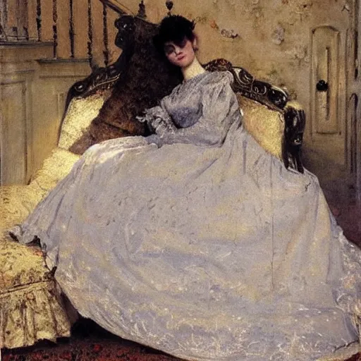 Prompt: victorian girl in ball gown sleeping, painting by alfred stevens