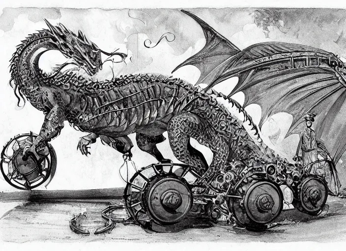 Image similar to illustration, real dragon with steam punk tanks and pipes on its side, white background, Charles Dana Gibson, Olivia Kemp, julia Hill