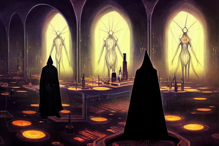 Prompt: a beautiful masterpiece painting of a technomancer wizard in black robes with pointed hood discussing sentience with his synthesized AI djinn in his laboratory filled with computers by Remedios Varo and Anato Finnstark and Greg Rutkowski