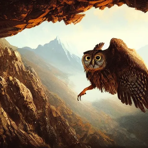 Prompt: Crowd surrounds giant brown owl flying over mountains, huge feathery wings, mountain landscape, Himalayas, 4k, trending on Artstation, art by Greg Rutkowski