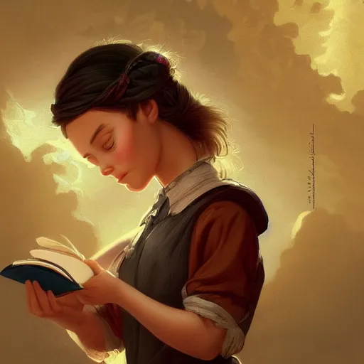 Image similar to village girl reading a book, cinematic, intricate, elegant, highly detailed, digital painting, artstation, concept art, smooth, sharp, focus, illustration, art by artgerm and Johfra Bosschart