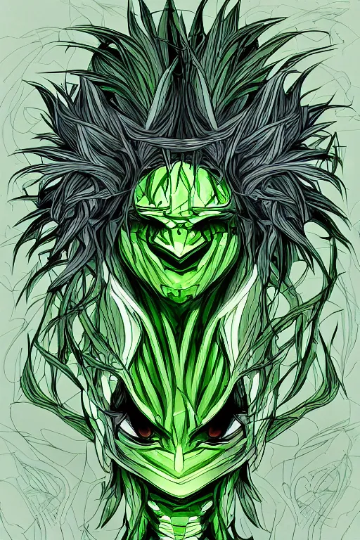 Image similar to cabbage themed anime villain, symmetrical, highly detailed, digital art, sharp focus, trending on art station, anime art style