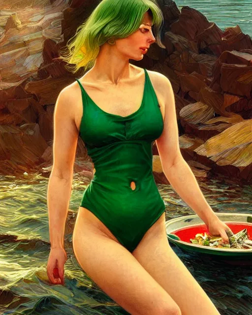 Prompt: Portrait of a blonde woman wearing a green & red bikini cooking sardines in Porto,real life skin, intricate, elegant, highly detailed, artstation, concept art, smooth, sharp focus, art by artgerm and greg rutkowski and alphonse mucha