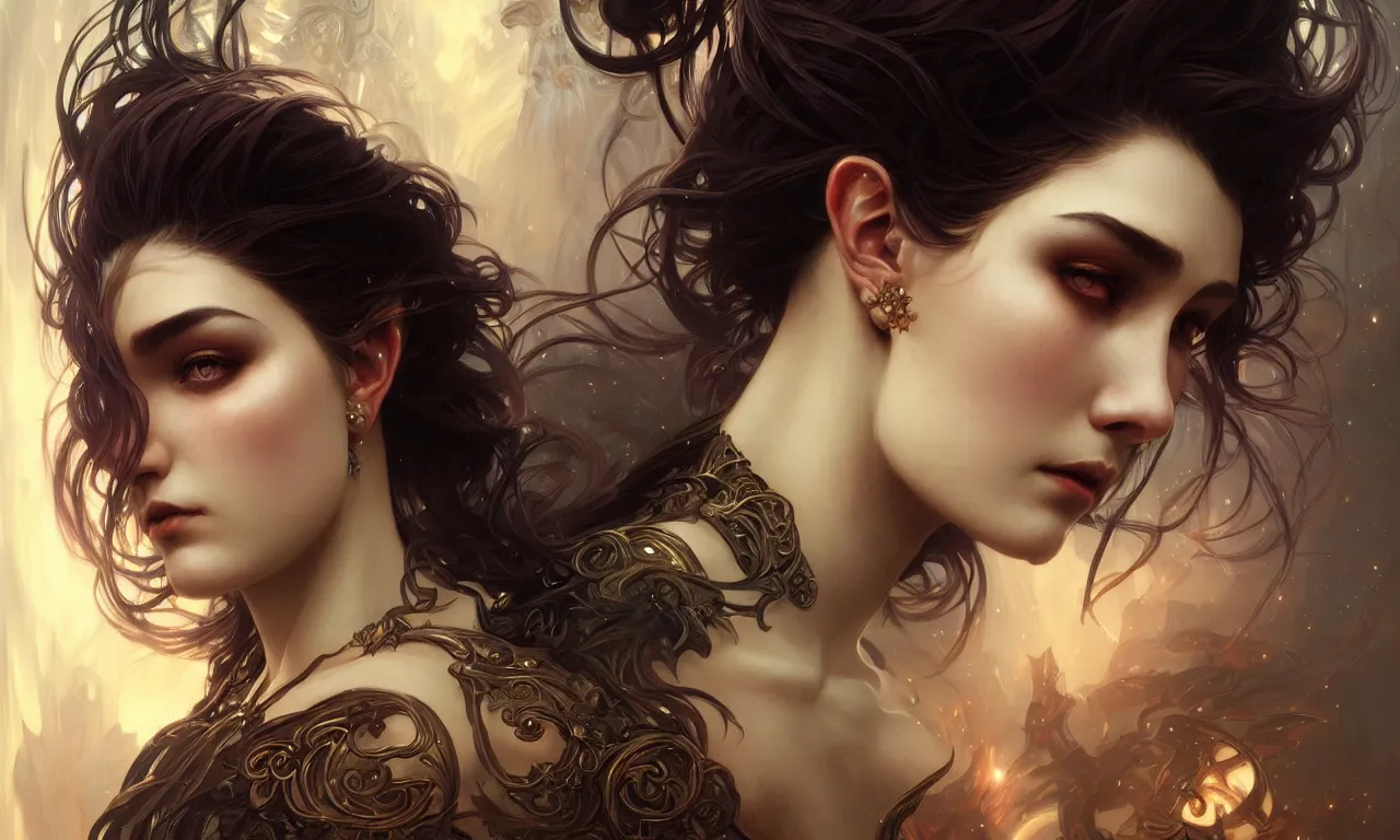 Prompt: portrait of chaos goddess closeup filled background around face, fantasy magic, undercut hairstyle, dark light night, intricate, elegant, sharp focus, illustration, highly detailed, digital painting, concept art, matte, art by wlop and artgerm and greg rutkowski and alphonse mucha, masterpiece