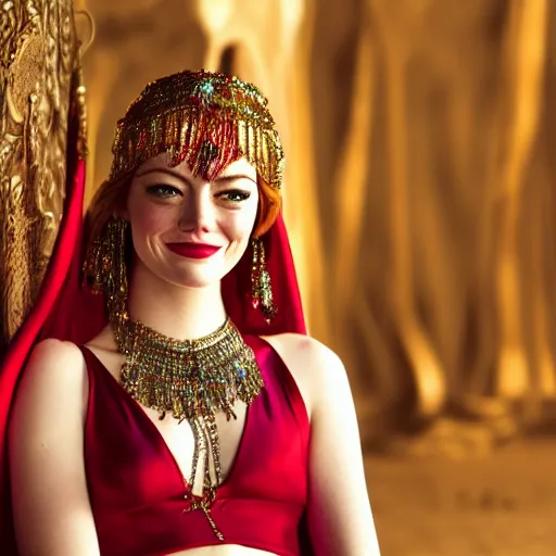 Image similar to a beautiful portrait of emma stone as a belly dancer, arabian night, high quality, fully detailed, 4 k