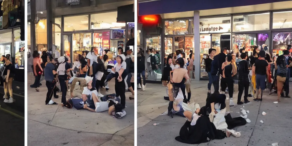 Image similar to crowd of crazy people with posters attack cosplayers in front of stores in los angeles with light screens all over the street, photorealism, professional lighting, lantern lighting, japanese chill photos, conceptual art