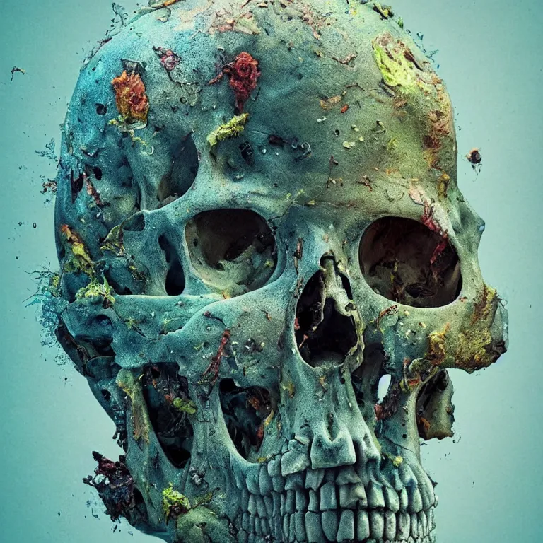 Image similar to A beautiful oil painting hyperrealism of a decayed zombie head, rotting clay skin, skull bones, veins of moss, 8k resolution, octane render, Trending on artstation, by Gediminas Pranckevicius, volumetric light 2blue fractal Thunder glow by dan mumford, anaglyph effect, Laurie Lipton