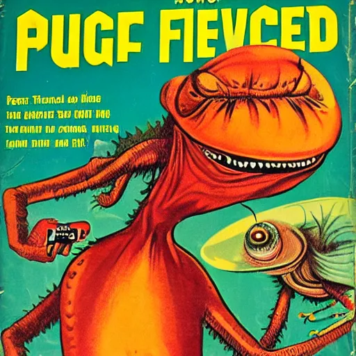 Prompt: cover of pulp science fiction magazine from 1950s showing attack of bug eyed monsters