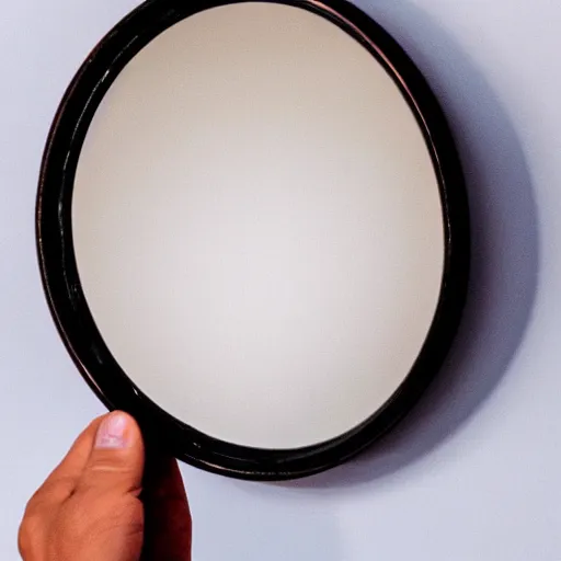 Prompt: professional direct photograph of a man with his palm on a mirror