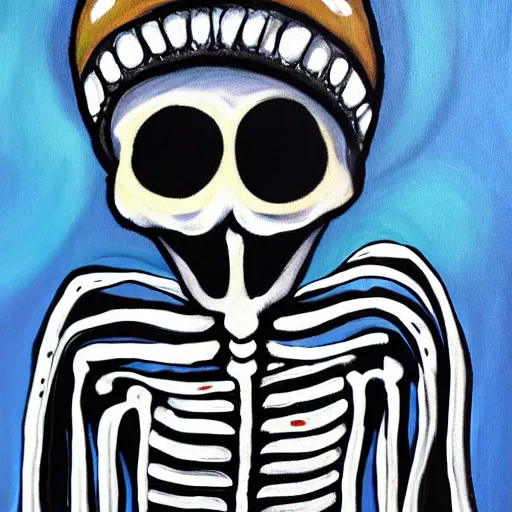 Image similar to smiling skeleton with puffy blue jacket, painting