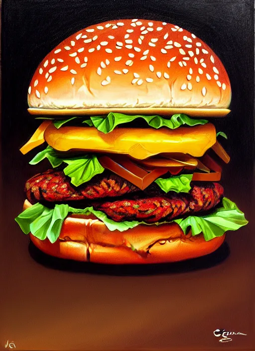 Prompt: oil portrait of a hamburger, intricate, elegant, highly detailed, lighting, painting, artstation, smooth, illustration, art by greg rutowski and alphonse mucha