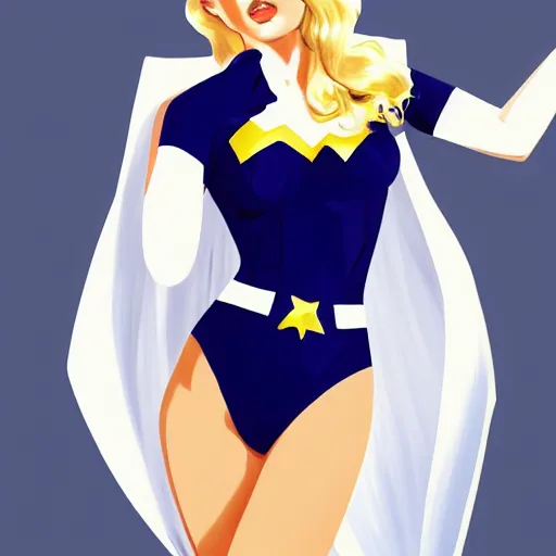 Prompt: a beautiful pin - up portrait of a beautiful cute superhero woman, blonde hair, matte navy - blue bodysuit, white cape, intricate, elegant, 8 k, highly detailed, digital painting, concept art, smooth, sharp focus, illustration, anime style