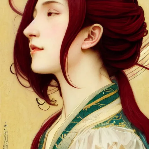 Prompt: a beautiful portrait of hatsune miku with long black and deep red colored hair dressed as a 1 st century european noblewoman, intricate, elegant, highly detailed, digital painting, artstation, concept art, matte, sharp focus, illustration, art by greg rutkowski and alphonse mucha